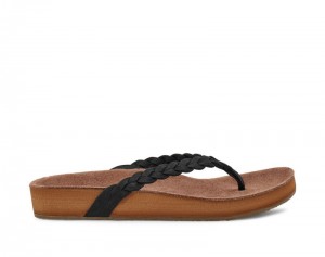 Sanuk She Loungy Braid Leather Women Flip Flops Black,Sanuk Philippines | YI81-2361O7